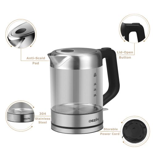  Dezin Electric Kettle, 1.5L Glass & Stainless Steel Finish Cordless Tea Kettle with One Touch Lid Open Button, Fast Heating, Auto Shut-Off and Boil Dry Protection Tech