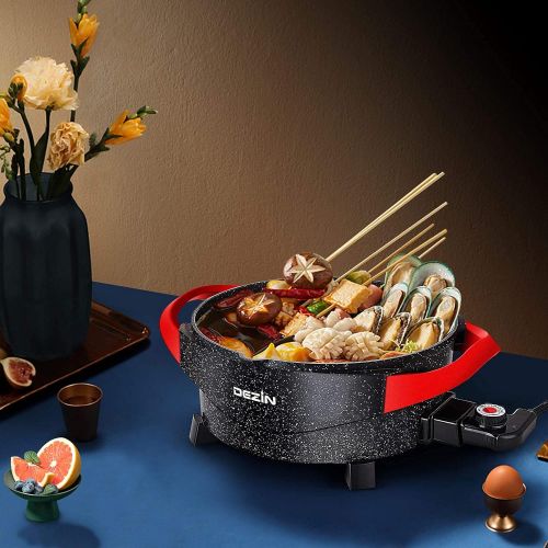  Dezin Electric Shabu Shabu Hot Pot with Divider, 5L Double Flavor Non-Stick Hot Pot with Multi-Power Control, Electric Cooker with Tempered Glass Lid for Party, Family Gathering