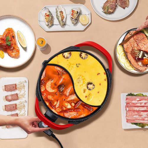  Dezin Electric Shabu Shabu Hot Pot with Divider, 5L Double Flavor Non-Stick Hot Pot with Multi-Power Control, Electric Cooker with Tempered Glass Lid for Party, Family Gathering