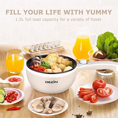  [아마존베스트]Dezin Electric Hot Pot Upgraded, Non-Stick Saute Pan, Rapid Noodles Cooker, 1.5L Mini Pot for Steak, Egg, Fried Rice, Ramen, Oatmeal, Soup with Temperature Control, Beige (Egg Rack