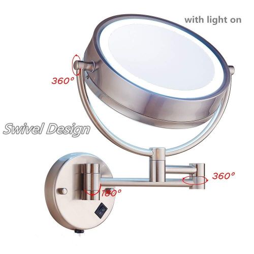  DFAXX Bedroom Lights Wall Mount Makeup Mirror with LED Lighted 10x Magnification Two-Sided,8.5 Inches,Bathroom and Hotel, Chrome Finish,Made of Brass (Color : Nickel, Size : 7X Mag