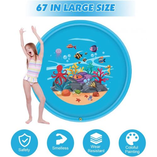  D-FantiX 68inches Splash Pad, Large Kids Sprinkler Splash Mat Play Wading Pool Outdoor Yard Water Mat Toys for Toddlers Dogs