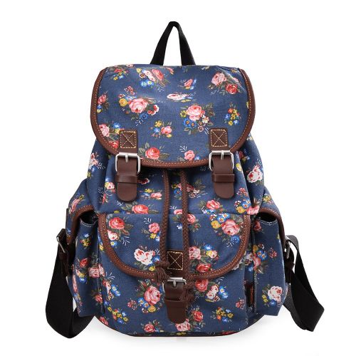  DGY Girls Canvas Leather Trim School Backpack Cute Backpack Print Rucksack 163 Blue