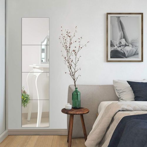  [아마존 핫딜] DH Full Length Tall Mirror Tiles - 12 Inch x 4Pcs Frameless Slim Explosion-Proof Wall Mirror Set HD Vanity Make Up Mirror for Wall Decor