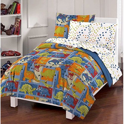  DH 7 Piece Boys Dinosaur Themed Comforter Full Set, Cute All Over Patchwork Dino Bedding, Fun Multi Foot Print Pattern, Brontosaurus TRex Raptor Triceratops Stegosaurus, Blue Red Oran