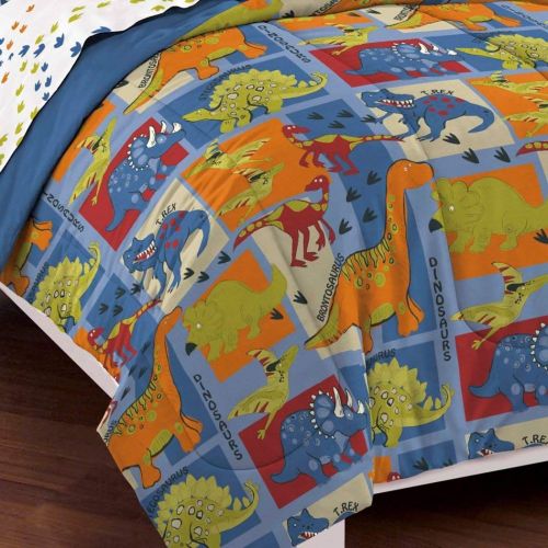  DH 7 Piece Boys Dinosaur Themed Comforter Full Set, Cute All Over Patchwork Dino Bedding, Fun Multi Foot Print Pattern, Brontosaurus TRex Raptor Triceratops Stegosaurus, Blue Red Oran