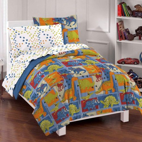  DH 7 Piece Boys Dinosaur Themed Comforter Full Set, Cute All Over Patchwork Dino Bedding, Fun Multi Foot Print Pattern, Brontosaurus TRex Raptor Triceratops Stegosaurus, Blue Red Oran