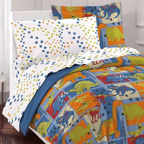  DH 7 Piece Boys Dinosaur Themed Comforter Full Set, Cute All Over Patchwork Dino Bedding, Fun Multi Foot Print Pattern, Brontosaurus TRex Raptor Triceratops Stegosaurus, Blue Red Oran