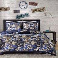 DH 4 Piece Kids Boys Grey Blue Camouflage Coverlet Full Queen Set, Army Camo Bedding Navy Cream Gray Colors Military Pattern Abstract Helicopter Pillow Teen Childrens, Polyester