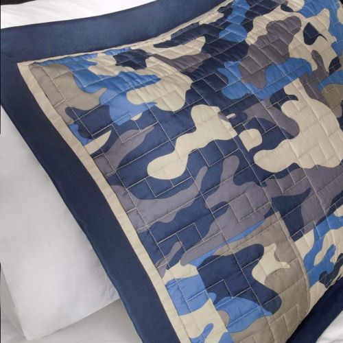  DH 4 Piece Kids Boys Grey Blue Camouflage Coverlet Full Queen Set, Army Camo Bedding Navy Cream Gray Colors Military Pattern Abstract Helicopter Pillow Teen Childrens, Polyester