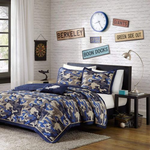  DH 4 Piece Kids Boys Grey Blue Camouflage Coverlet Full Queen Set, Army Camo Bedding Navy Cream Gray Colors Military Pattern Abstract Helicopter Pillow Teen Childrens, Polyester