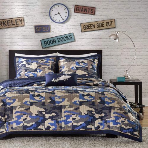  DH 4 Piece Kids Boys Grey Blue Camouflage Coverlet Full Queen Set, Army Camo Bedding Navy Cream Gray Colors Military Pattern Abstract Helicopter Pillow Teen Childrens, Polyester