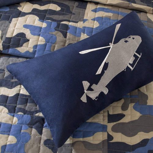  DH 4 Piece Kids Boys Grey Blue Camouflage Coverlet Full Queen Set, Army Camo Bedding Navy Cream Gray Colors Military Pattern Abstract Helicopter Pillow Teen Childrens, Polyester