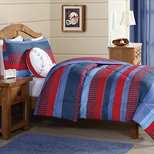  DH 2 Piece Kids Boys Navy Blue Red Stripes Comforter Twin Set, Horizontal Rugby Striped Bedding Sports Themed Team Colors, Nautical Teen Solid Colorful Pattern Checked Polyester Dorm