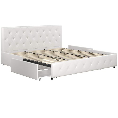  DHP Dakota Upholstered Platform Bed with Storage Drawers, White Faux Leather, King