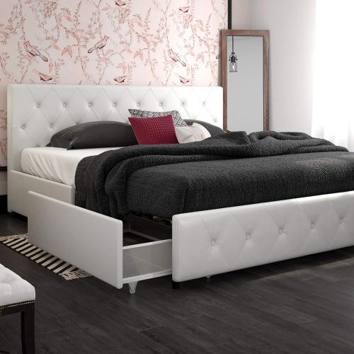  DHP Dakota Upholstered Platform Bed with Storage Drawers, White Faux Leather, King