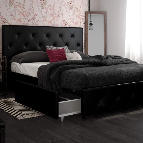  DHP Dakota Upholstered Platform Bed with Storage Drawers, Black Faux Leather, Queen