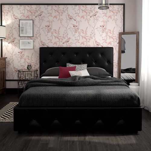  DHP Dakota Upholstered Platform Bed with Storage Drawers, Black Faux Leather, Queen