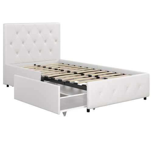  DHP Dakota Upholstered Platform Bed with Storage Drawers, White Faux Leather, Twin