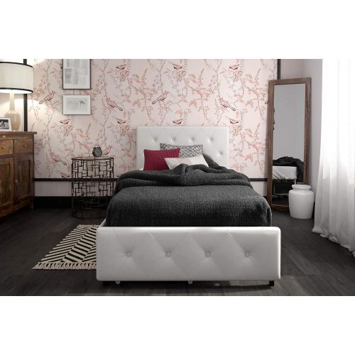  DHP Dakota Upholstered Platform Bed with Storage Drawers, White Faux Leather, Twin