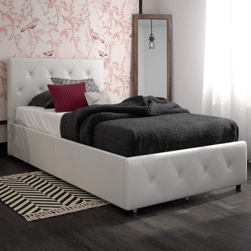  DHP Dakota Upholstered Platform Bed with Storage Drawers, White Faux Leather, Twin