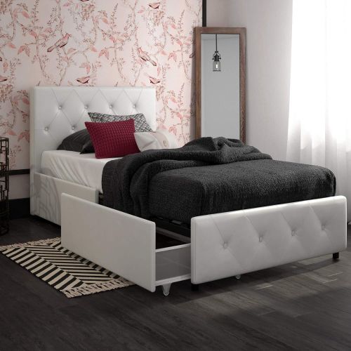  DHP Dakota Upholstered Platform Bed with Storage Drawers, White Faux Leather, Twin