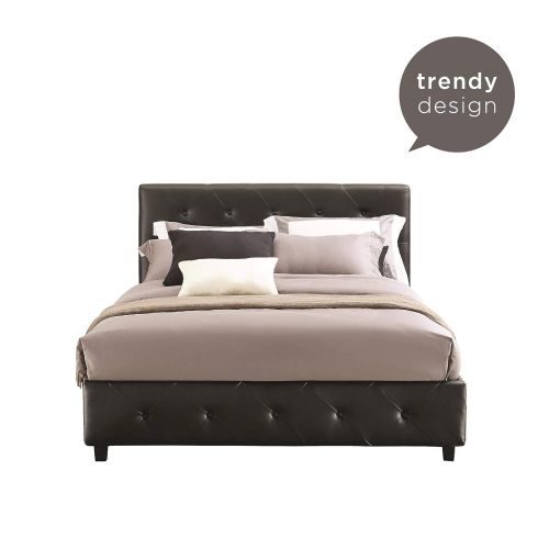  DHP Dakota Upholstered Faux Leather Platform Bed with Wooden Slat Support and Tufted Headboard and Footboard, Queen Size - Black