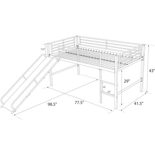  DHP Junior Twin Metal Loft Bed with Slide, Multifunctional Design, Silver with Blue Slide