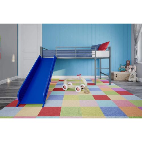  DHP Junior Twin Metal Loft Bed with Slide, Multifunctional Design, Silver with Blue Slide
