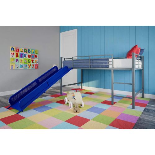  DHP Junior Twin Metal Loft Bed with Slide, Multifunctional Design, Silver with Blue Slide