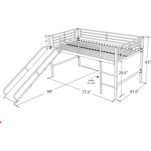  DHP Junior Twin Metal Loft Bed with Slide, Multifunctional Design, White with White Slide