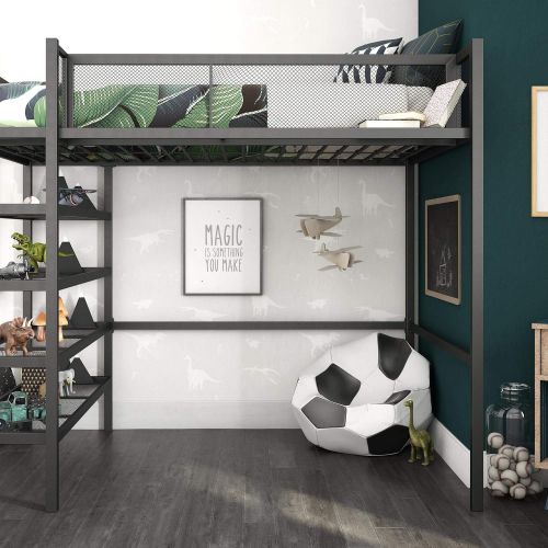  DHP Tiffany Storage Loft Bed with Book Case, Includes Shelves and Under Bed Clearance, Black Metal - Twin