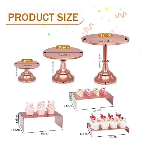  6PCS Cake Stand Set, Rose Gold Metal Cake Stands for Party, Dessert Table Display Set, 3 Size Round Cake Stand with Cupcake Riser Stands, Dessert Cake Holder for Wedding Birthday Baby Shower