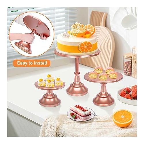  6PCS Cake Stand Set, Rose Gold Metal Cake Stands for Party, Dessert Table Display Set, 3 Size Round Cake Stand with Cupcake Riser Stands, Dessert Cake Holder for Wedding Birthday Baby Shower