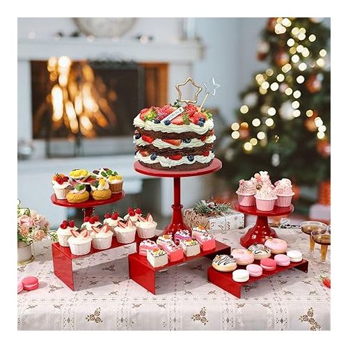  6PCS Cake Stand Set, Red Metal Cake Stands for Party, Dessert Table Display Set, 3 Size Round Cake Pedestal Stand with Cupcake Risers Stands, Dessert Cake Holders for Weddings, Birthday, Baby Shower