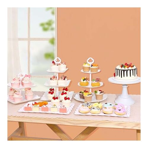  10PCS Cake Stand Set, White Dessert Table Display Set, Metal Round Cake Stand with 3-Tier Plastic Cupcake Stands, Cupcake Tower Stands with Cookie Trays for Wedding Birthday Baby Shower Party