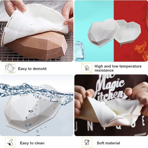  [아마존베스트]DI QIU REN Diamond Heart Shape Silicone Cake Mold 2Pcs Romantic Diamond Love DIY Cake Mold, Multi-Function 3D Mold Amazing, Gift Filled with Love