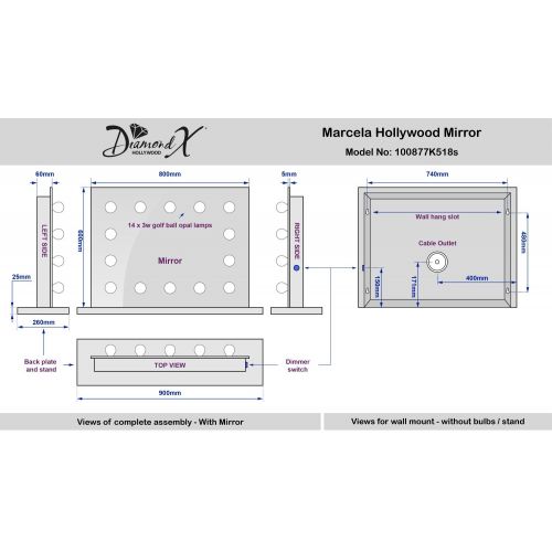  DIAMOND X COLLECTION Diamond X Hollywood Makeup Vanity Mirror with Daylight Dimmable LED k89sCW