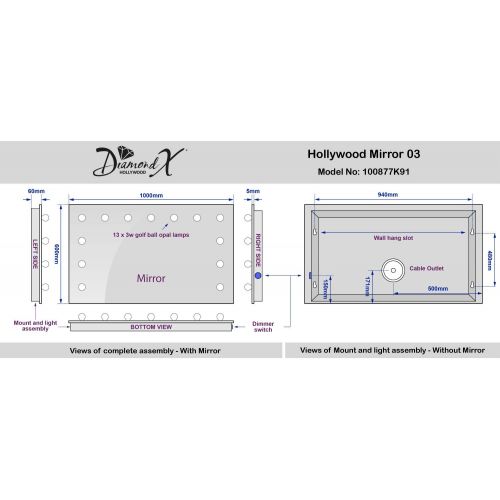  DIAMOND X COLLECTION Diamond X Wallmount Hollywood Makeup Mirror with Dimmable LED k91CW