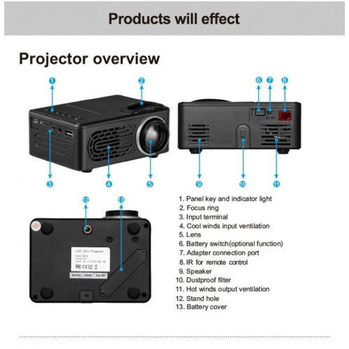  DICPOLIAProjector Portable Mini LCD Projectors, Multimedia 1080P LED Pico Mobile 600 Lumens Projector for Home Cinema Theater Video Movies, Support Music TXT with HDMITFUSBAV Compatible with Smar