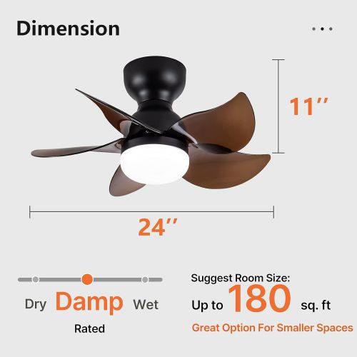  DIDER 24 Flush Mount Ceiling Fan with Lights and Remote Control, 5 Blades, Low Profile Ceiling Fan for Indoor and Outdoor Space