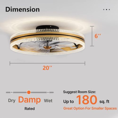  DIDER 20 Bladeless Smart Ceiling Fan with Lights Remote Control, APP Control, Enclosed Low Profile Ceiling Fan with Light for Kitchen, Bedroom Fan, Modern Flush Mount Ceiling Fan I