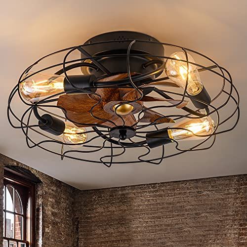  DIDER 21 Low Profile Caged Ceiling Fan with Lights Remote Control, Include Bulbs, Farmhouse Bladeless Ceiling Fan with Light, Bedroom Fan, Small Industrial Black Ceiling Light Fixt
