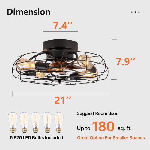  DIDER 21 Low Profile Caged Ceiling Fan with Lights Remote Control, Include Bulbs, Farmhouse Bladeless Ceiling Fan with Light, Bedroom Fan, Small Industrial Black Ceiling Light Fixt