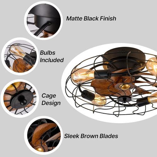  DIDER 21 Low Profile Caged Ceiling Fan with Lights Remote Control, Include Bulbs, Farmhouse Bladeless Ceiling Fan with Light, Bedroom Fan, Small Industrial Black Ceiling Light Fixt