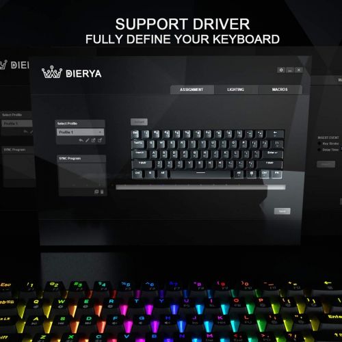  DIERYA DK61E 60% Mechanical Gaming Keyboard, RGB Backlit Wired PBT Keycap Waterproof Type-C Mini Compact 61 Keys Computer Keyboard with Full Keys Programmable (Gateron Optical Blue