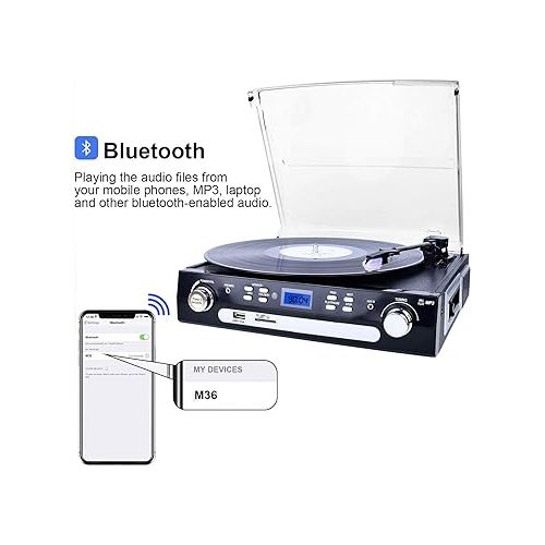  DIGITNOW Bluetooth Record Player with Stereo Speakers, Turntable for Vinyl to MP3 with Cassette Play, AM/FM Radio, Remote Control, USB/SD Encoding, 3.5mm Music Output Jack(Black)