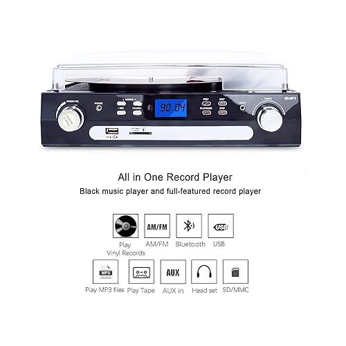  DIGITNOW Bluetooth Record Player with Stereo Speakers, Turntable for Vinyl to MP3 with Cassette Play, AM/FM Radio, Remote Control, USB/SD Encoding, 3.5mm Music Output Jack(Black)