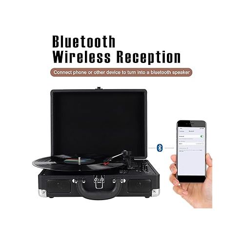  Vinyl Record Player Wireless Turntable Bluetooth 3-Speed Portable Vintage Suitcase with Built-in Speakers, Includes Extra Stylus/RCA Out/AUX IN