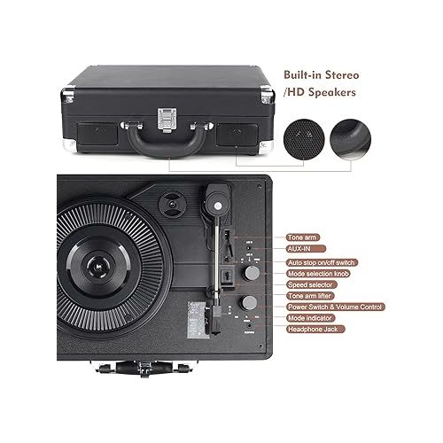  Vinyl Record Player Wireless Turntable Bluetooth 3-Speed Portable Vintage Suitcase with Built-in Speakers, Includes Extra Stylus/RCA Out/AUX IN